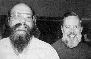 Ken Thompson (left) and Dennis Ritchie (right) at Bell Labs, 1973, working on a PDP-11